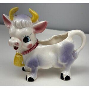 Lego Japan Ceramic Cow Creamer Purple White Yellow Bell Hand-Painted Design Vtg